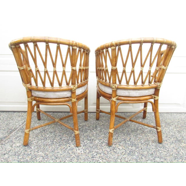 1980s Pair of Vintage McGuire Rattan Barrel-Back Armchairs For Sale - Image 5 of 17