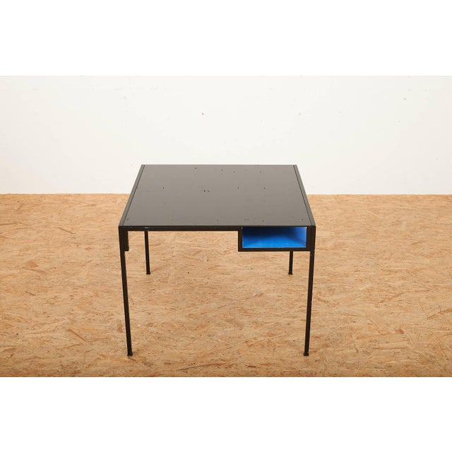Coffee Table in Black Lacquered Metal Square Tube and Glass Top with Blue Metal Shelf For Sale - Image 3 of 11