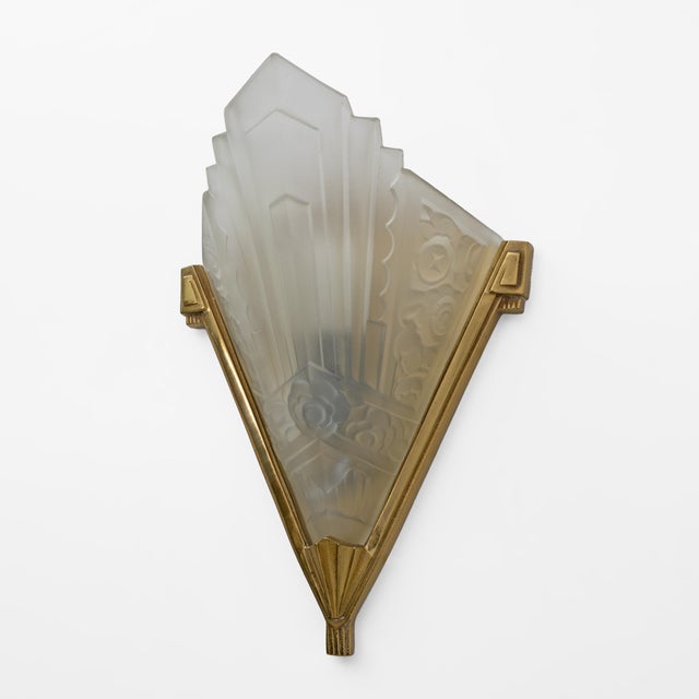Art Deco Pressed Glass and Brass Sconces, France, 1930s For Sale - Image 6 of 9