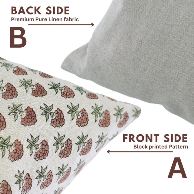 Fabdivine Handmade Block Print Pure Linen Pillow Covers 24x24 Inches – Strawberry Floral Cushion For Sale - Image 4 of 9