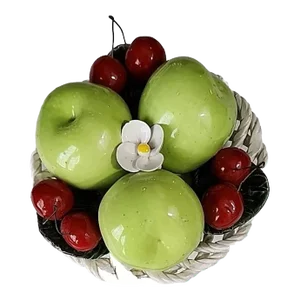 Vintage Italian Porcelain Ceramic Woven Basket of Green Apples and Cherries