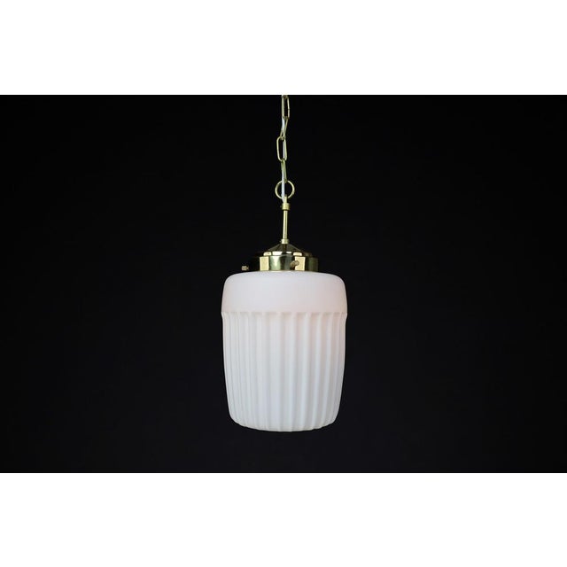 1970s Mid-Century Modern Opaline Glass & Brass Pendant Light, European, 1970s For Sale - Image 5 of 9
