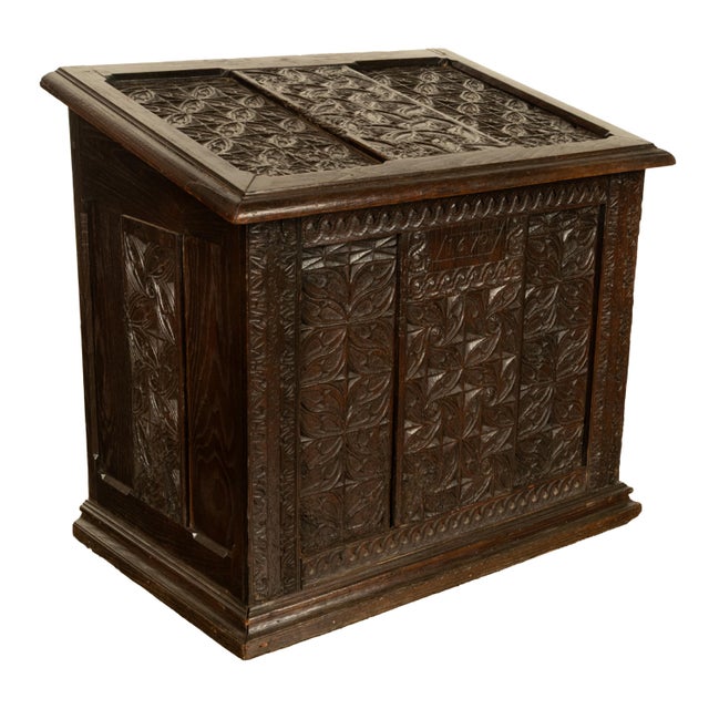 Antique French Medieval Gothic Carved Oak Chest Coffer 17th Century Panels 1679 For Sale - Image 9 of 16