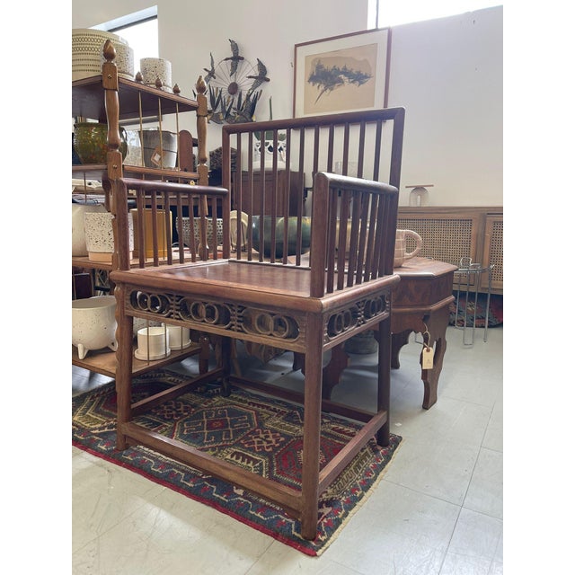 1970s Antique Official’s Arm Chair Wooden Huanghuali Style Spindle Back. Walnut Tone For Sale - Image 9 of 9