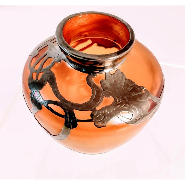 **Vintage Art Glass Sterling Silver Overlay Vase - Art Nouveau Floral Design** This beautiful early 20th-century vase...