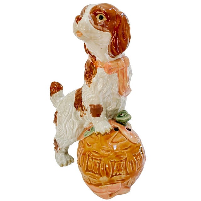 Staffordshire Pottery Spaniel on Carved Ball Dog Figurine | Chairish