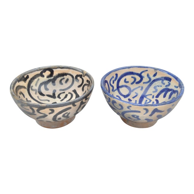 Antique Moroccan Blue & Black Calligraphy Ceramic Bowls - 2 Pieces For Sale