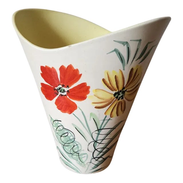Vintage French Wide Neck Vase with Hand-Painted Flowers and Yellow Interior from Vallauris, 1960s For Sale