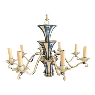 Vintage French Tole Painted Blue/White Chandelier With Candle Lights For Sale