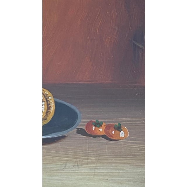 Wood Vintage Still Life Painting With Fruit and Porcelain Cup C.1970 For Sale - Image 7 of 9