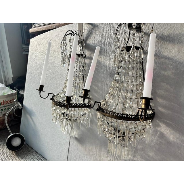 Vintage Empire Style Crystal Cascade Sconces – a Pair For Sale - Image 12 of 16