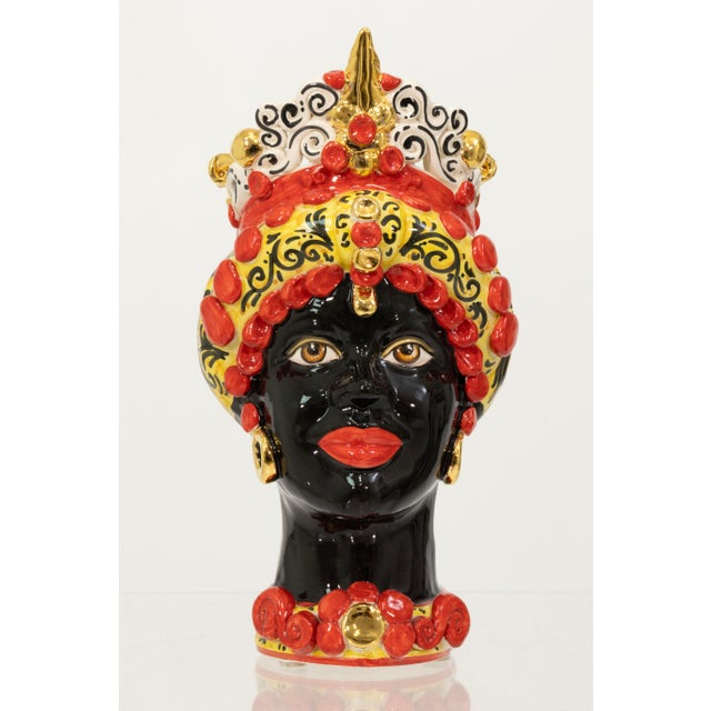 Folk Art Pair of Sicily & More Handcrafted Ceramic Moore Head Vases by Caltagirone For Sale - Image 3 of 6