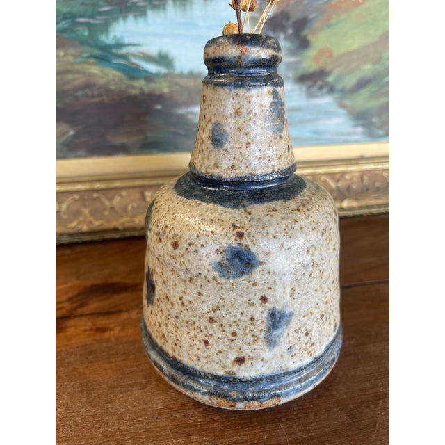 Signed Vintage Studio Pottery Vase by Matay, Hand Thrown Stoneware With Speckled Glaze and Cobalt Brush Accents. For Sale - Image 4 of 10