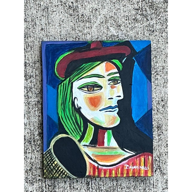 Vintage Cubist Original Oil Portrait on Board For Sale - Image 4 of 12