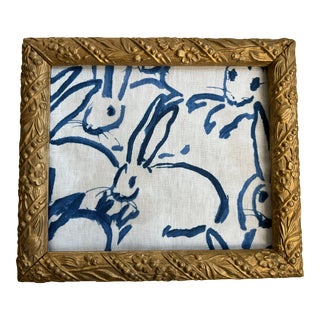 Hunt Slonem Navy Bunny Textile, in Vintage Gold Frame For Sale