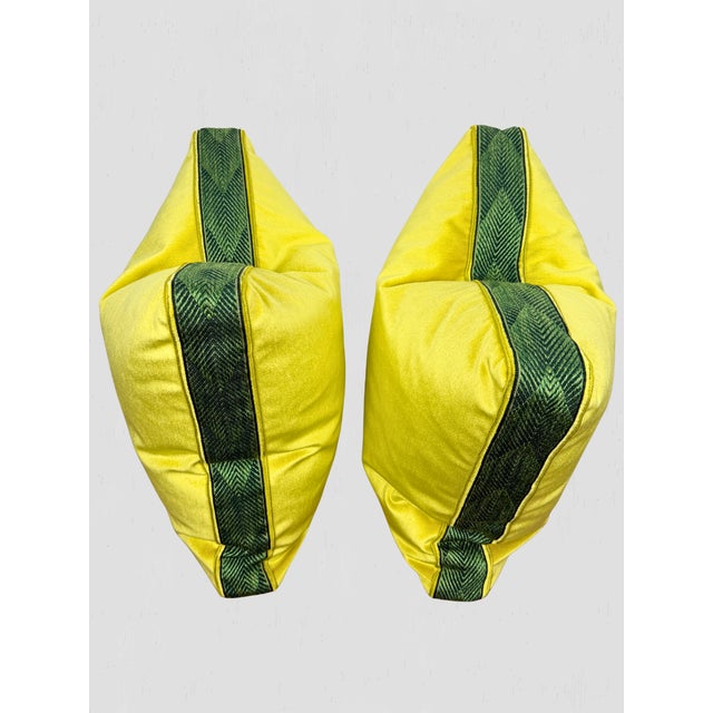 Traditional Chartreuse Velvet Box Pillow Pair Cord Green Tape For Sale - Image 3 of 10
