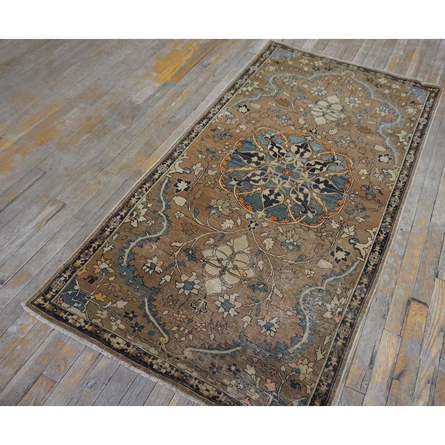 Lovely Traditional Camel Color Background and Dark Blue Border Floral Design Century Persian Tabriz Rug For Sale - Image 10 of 11