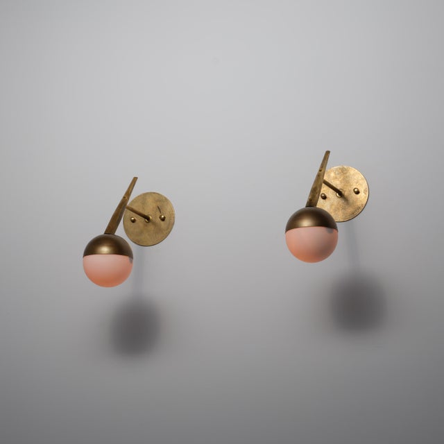Vintage Italian Brass and Opaline Glass Globe Wall Sconces, 1950s, Set of 2 For Sale - Image 9 of 11