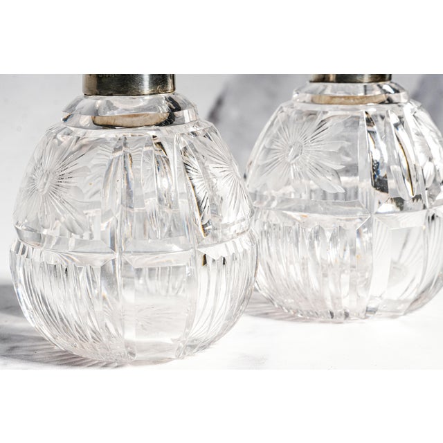 Exceptional Pair Antique English Cut Crystal Perfume Bottles Sterling Silver & Blue Enamel Tops Edwardian Vanity Set Home Decor For Sale - Image 12 of 18