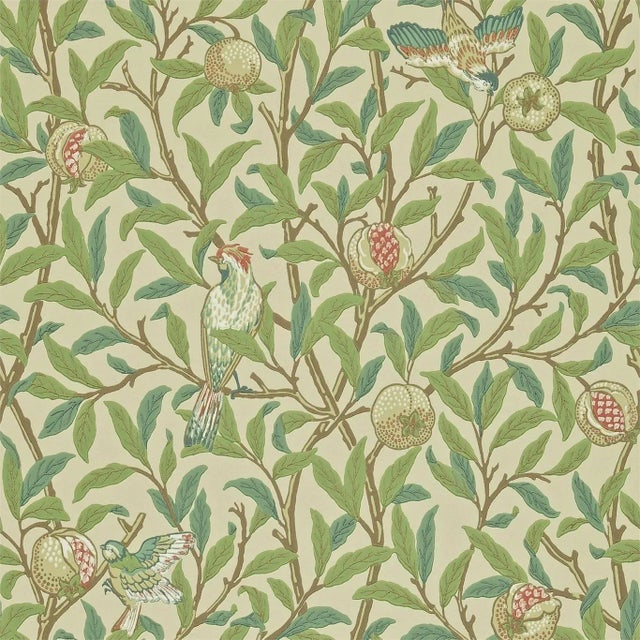 Morris & Co Bird & Pomegranate Wallpaper in Bayleaf/Cream For Sale