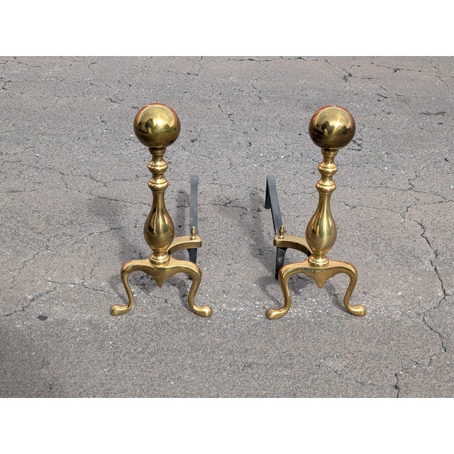 Mid 20th Century Vintage Pair of Cannonball Ball Victorian Brass Fireplace Andirons For Sale - Image 5 of 5