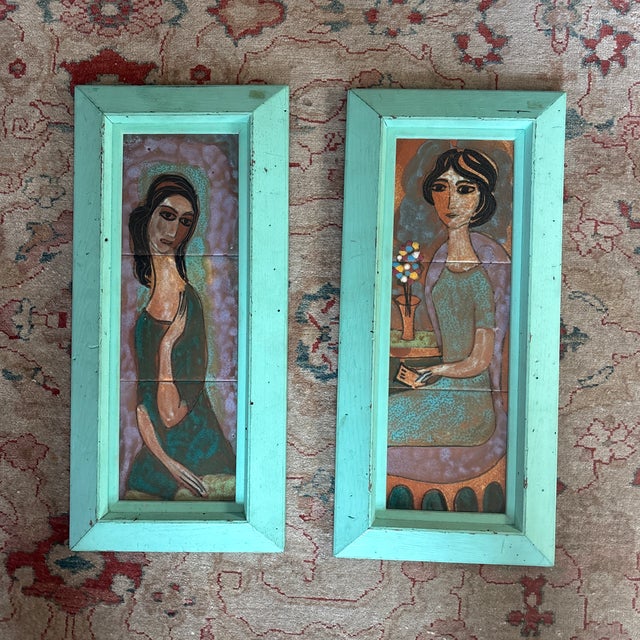 Pair of Painted Tile Wall Plaques of Two Women by Harris G. Strong For Sale - Image 10 of 10