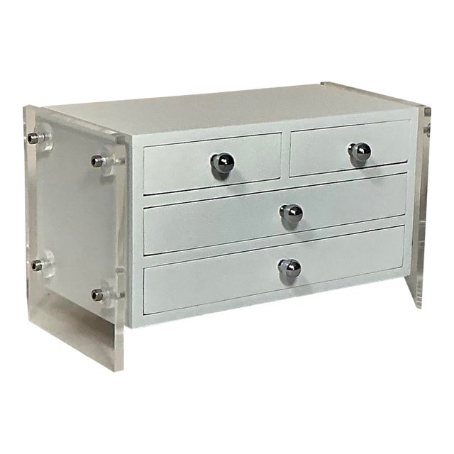 1970s Mid Century Modern Jewelry Chest of Drawers Suspended Lucite White Lacquer For Sale