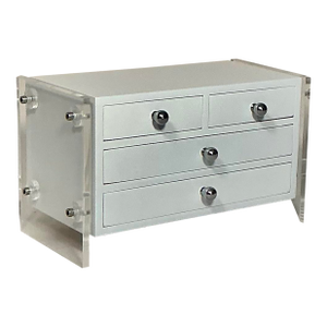 1970s Mid Century Modern Jewelry Chest of Drawers Suspended Lucite White Lacquer