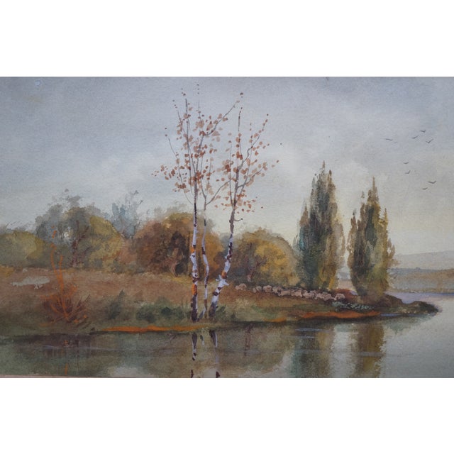 Early 20th Century Antique Albert Matthews Panoramic Riverscape Landscape Watercolor Painting 22" For Sale - Image 5 of 10