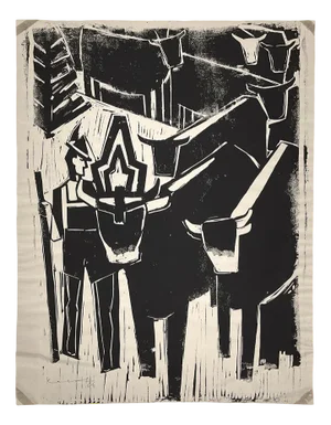 Walter Kalot, Almabtrieb, Linocut, 1964