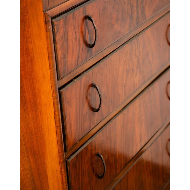 Brown Mid Century Modern Highboy Dresser 5 Drawer Walnut Vintage MCM Metal Burl Wood For Sale - Image 8 of 12