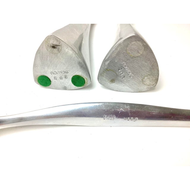 Modern Pair of Nambe 596 Tri-Corner Aluminum Candlesticks & Candle Snuffer For Sale - Image 3 of 3
