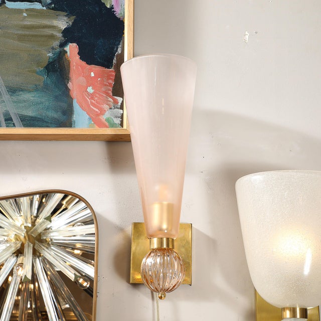 Modernist Hand-Blown Smoked Garnet Conical Murano Glass & Orbital Drop Sconces For Sale - Image 4 of 12