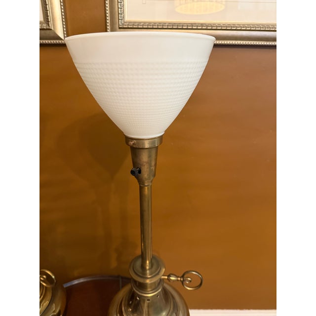 Stiffel Pair Vintage Stiffel Brass Oil Lamp Style W/ Milk Glass Hollywood Regency Table Lamps W/ Additional Original Shades For Sale - Image 4 of 15
