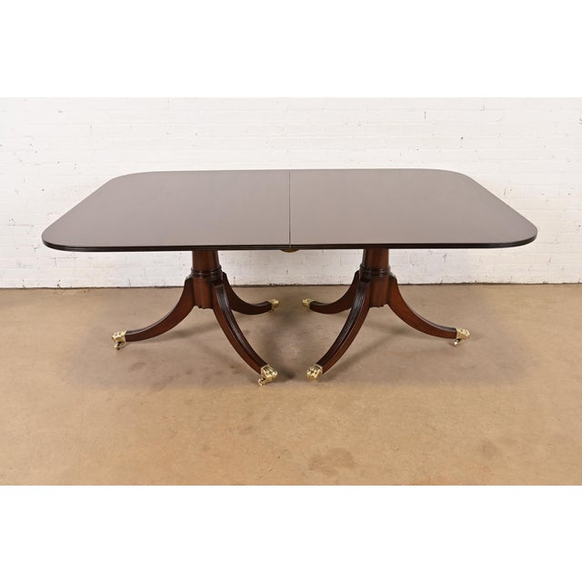 Wood Baker Furniture Style English Georgian Mahogany Triple Pedestal Extension Dining Table, Newly Refinished For Sale - Image 7 of 12