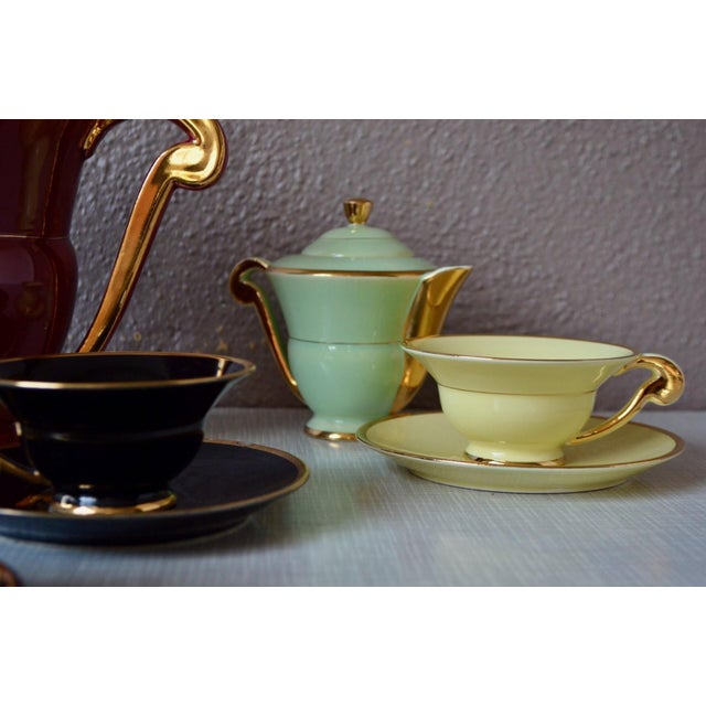 Art Deco Harlequin Coffee Service in Colored and Gilded Porcelain, 1940s, Set of 15 For Sale - Image 10 of 18