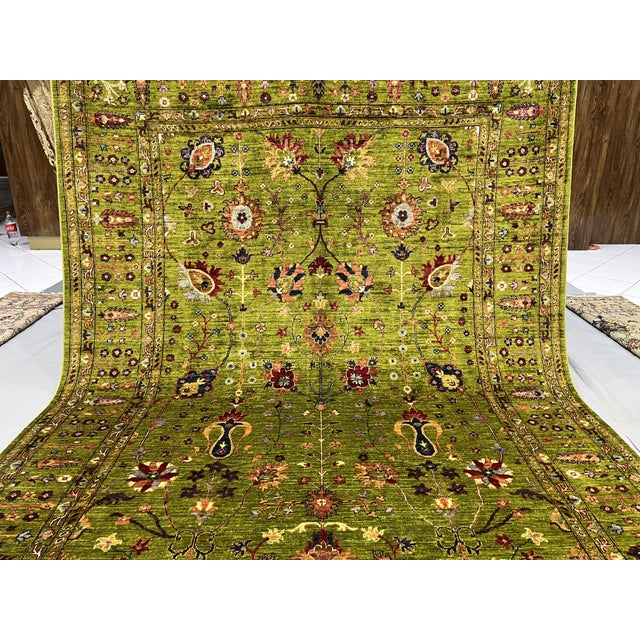 Green Afghan Sultani Natural Dye Wool Rug, Persian Floral Botanical Design, 6′9″ × 9′9″ For Sale - Image 6 of 15