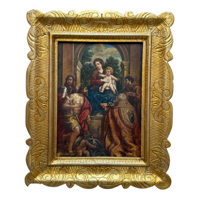 Flemish Artist, Adoration of the Child by Saints and Pope, St. Stephen, 17th Century, Copperplate Painting, Framed For Sale