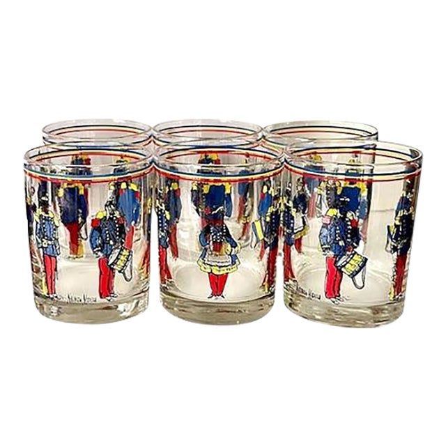 Vintage Mid-Century French Soldiers Barware / Lowball / Cocktail Glasses for Neiman Marcus, a Set of 6 in the Manner of Fornasetti For Sale