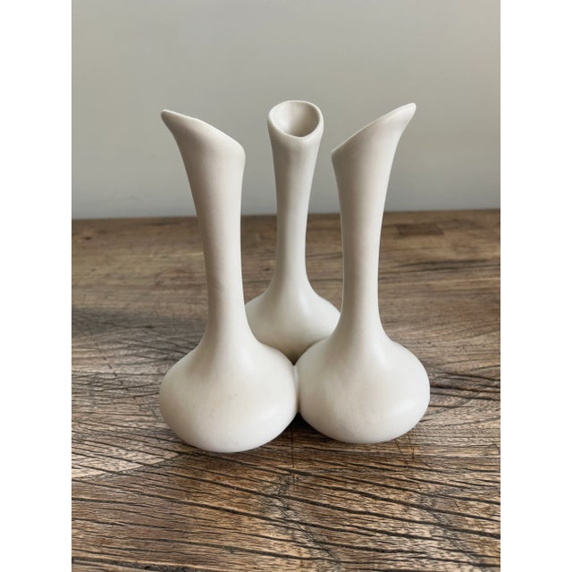 Vintage Mid Century White 1960's Modernist Van Briggle Triple Tulip Vase Amazing Estate Find Wonderful Designed Ceramic...