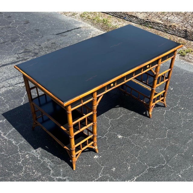 Campaign Vintage Coastal Bamboo and Black Lacquer Desk by Milling Road for Baker For Sale - Image 3 of 10