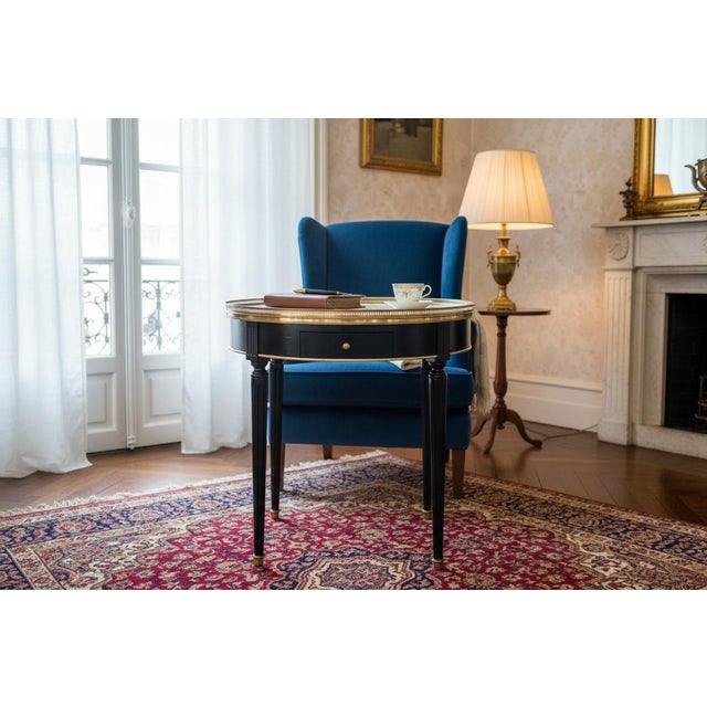 French 1920s French Louis XVI Parlor Table With Carrara Marble & Brass Gallery For Sale - Image 3 of 13