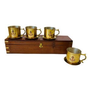 Vintage English Nautical Brass Cups & Saucers in Handsome Wood Box -Set of 4 Cups & Saucers