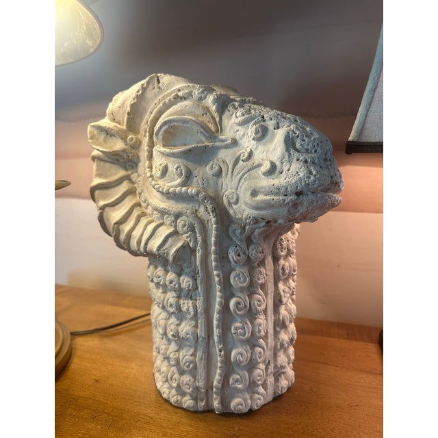 A handsome mid-century style cast-stone Ram's head bust or statue made with great attention to artistic detail. It's...