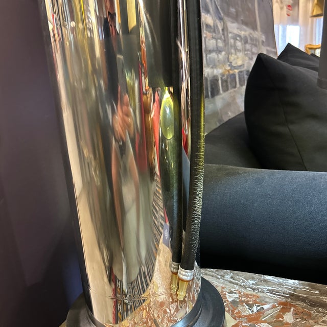 Chrome Repurposed Fire Extinguisher Lamp With Custom Black Shade For Sale - Image 9 of 9