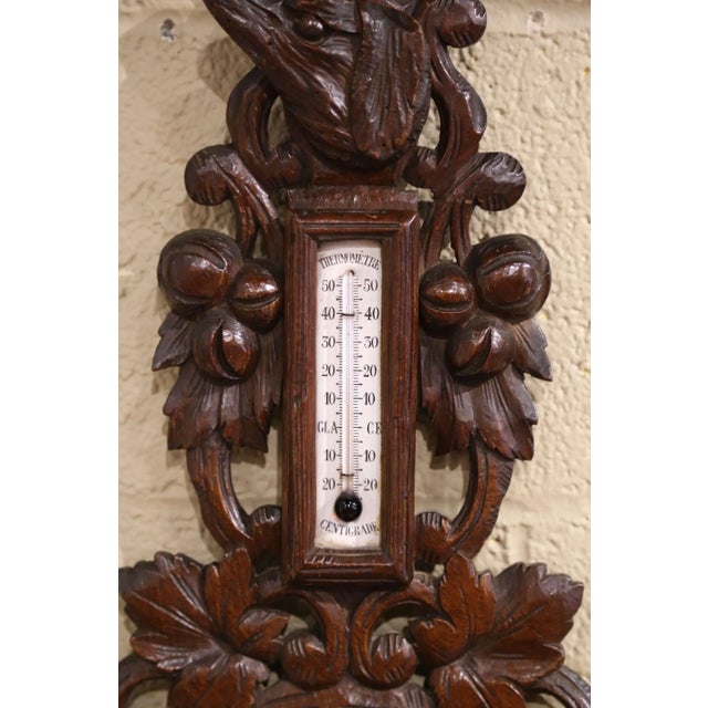 19th Century French Forest Carved Oak Barometer and Thermometer With Dog Motif For Sale In Dallas - Image 6 of 9
