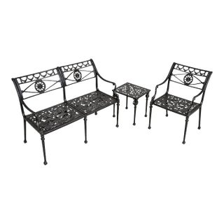 Vintage Star and Dolphin Double Settee Arm Chair Table With Filigree a Set of 3 For Sale