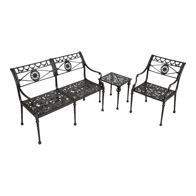 Vintage Star and Dolphin Double Settee Arm Chair Table With Filigree a Set of 3 For Sale