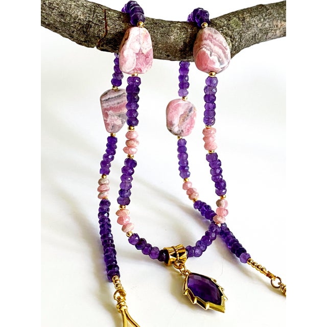 Artisan Amethyst Pendant Necklace With Genuine Argentine Rhodochrosite and Gilded Accents For Sale - Image 15 of 18