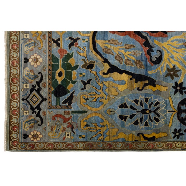 Blue Modern Blue and Gold Bidjar Style Hand-Knotted Wool Rug With Palmette Motifs For Sale - Image 8 of 11